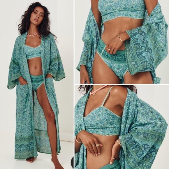 Spell & The Gypsy Sundown Maxi Robe Kimono Green Floral - Picture 2 of 12